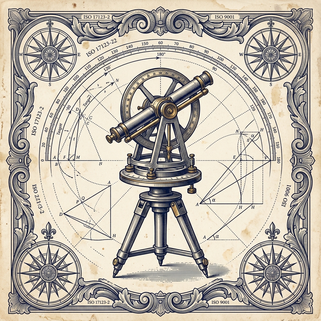 Ex Verbis, Mensura — antique theodolite survey instrument with measurement arcs